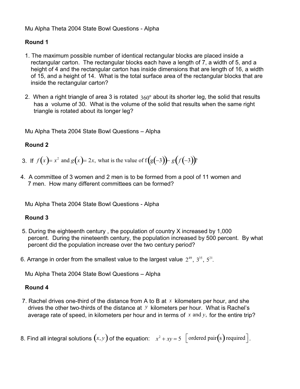 Mu Alpha Theta 2004 State Bowl Questions - Alpha