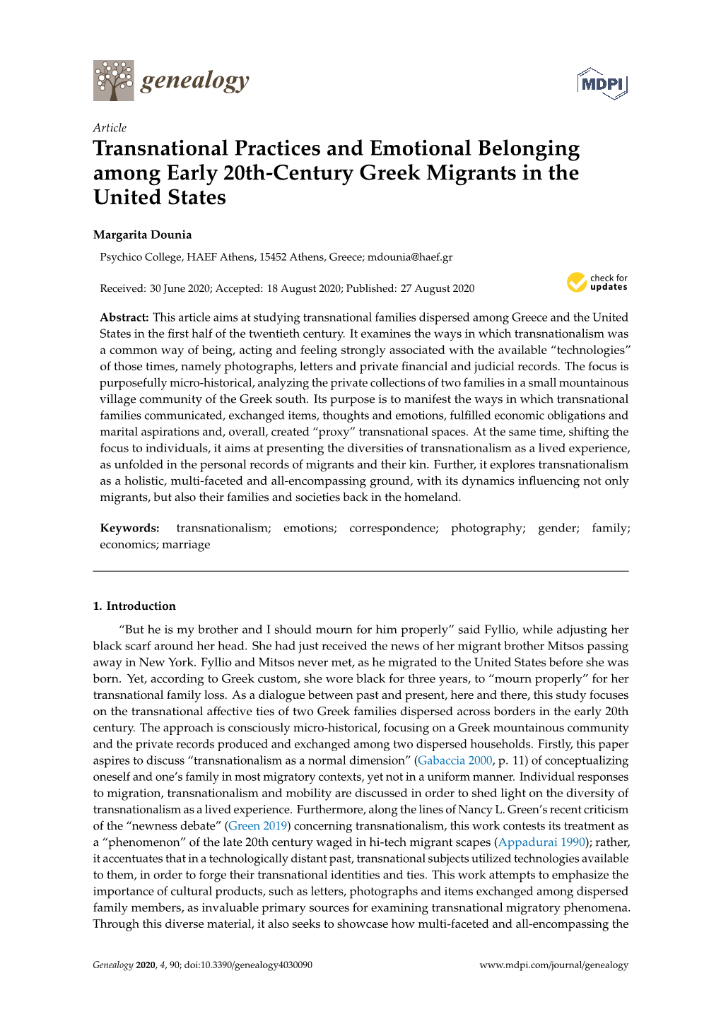 Transnational Practices and Emotional Belonging Among Early 20Th-Century Greek Migrants in the United States