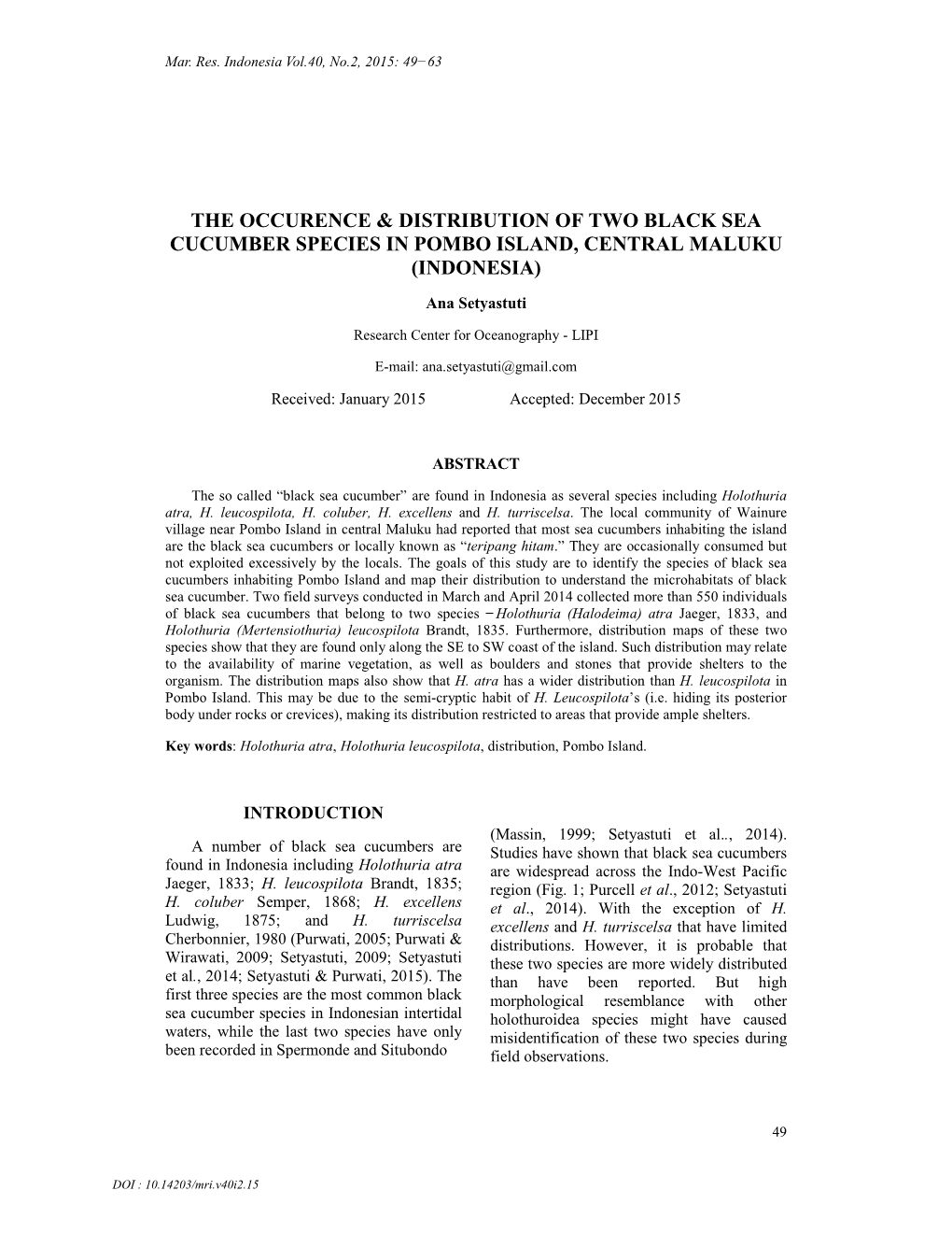 The Occurence & Distribution of Two Black Sea Cucumber Species In