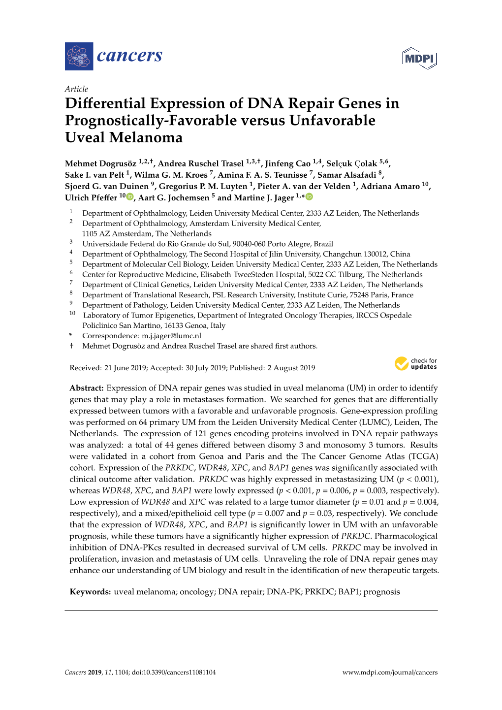 Differential Expression of DNA Repair Genes in Prognostically-Favorable