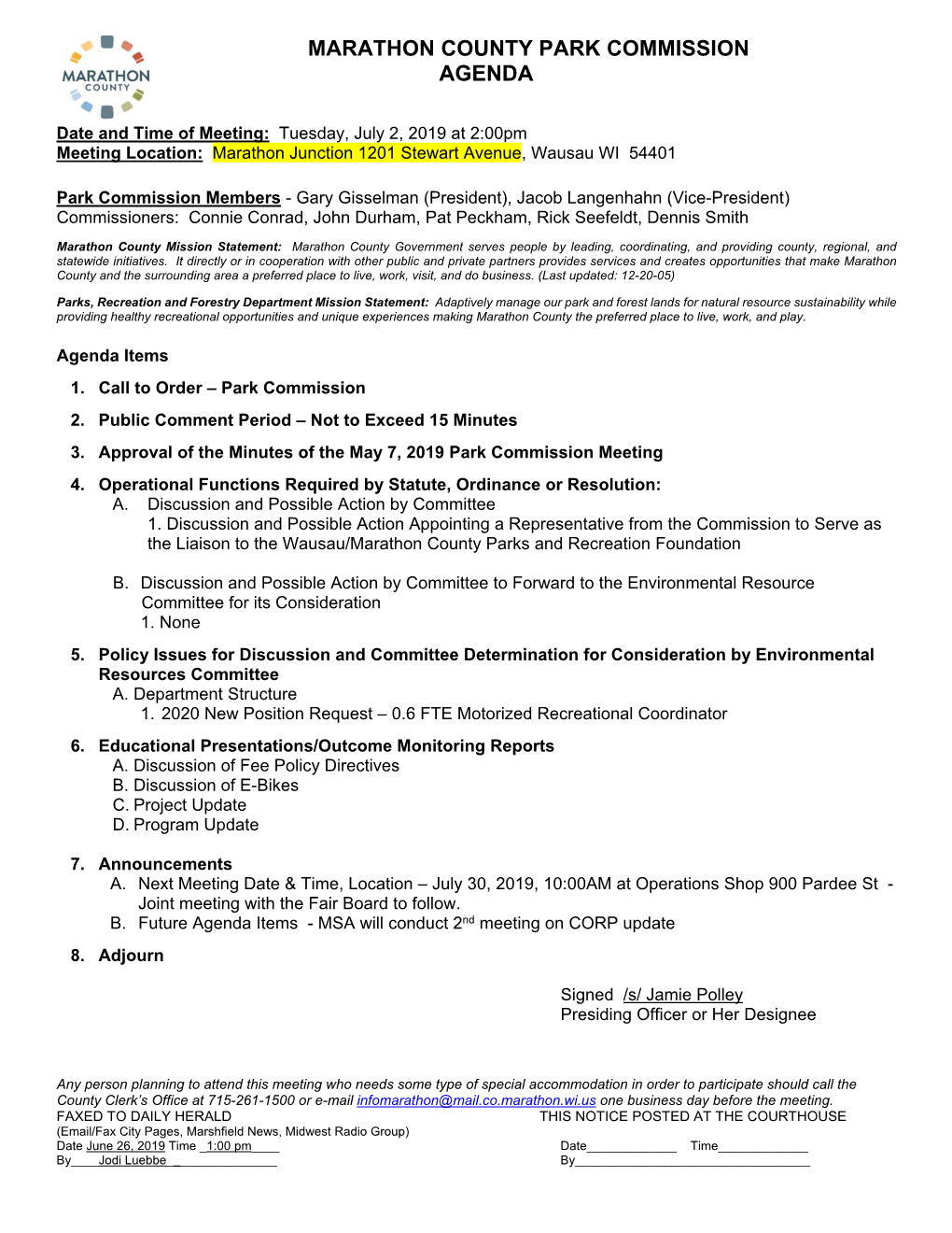 Marathon County Park Commission Agenda