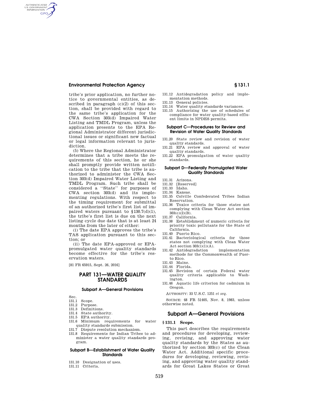 40 CFR 131 Water Quality Standards