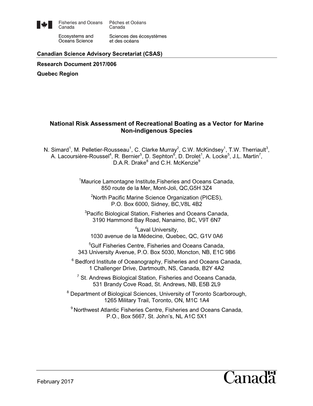 National Risk Assessment of Recreational Boating As a Vector for Marine Non-Indigenous Species