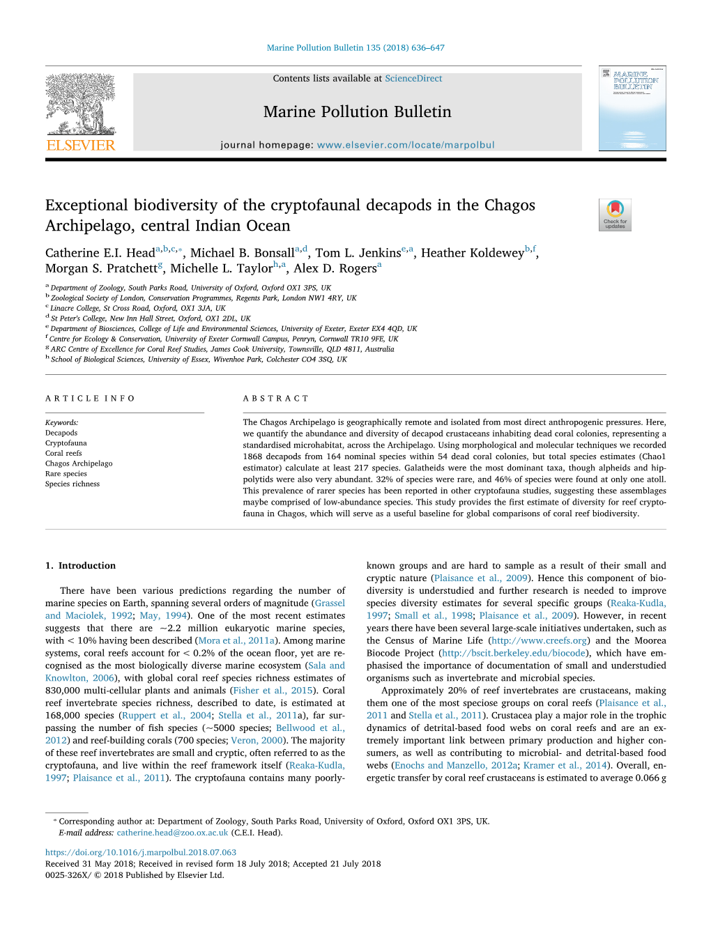 Exceptional Biodiversity of the Cryptofaunal Decapods in the Chagos Archipelago, Central Indian Ocean T ⁎ Catherine E.I