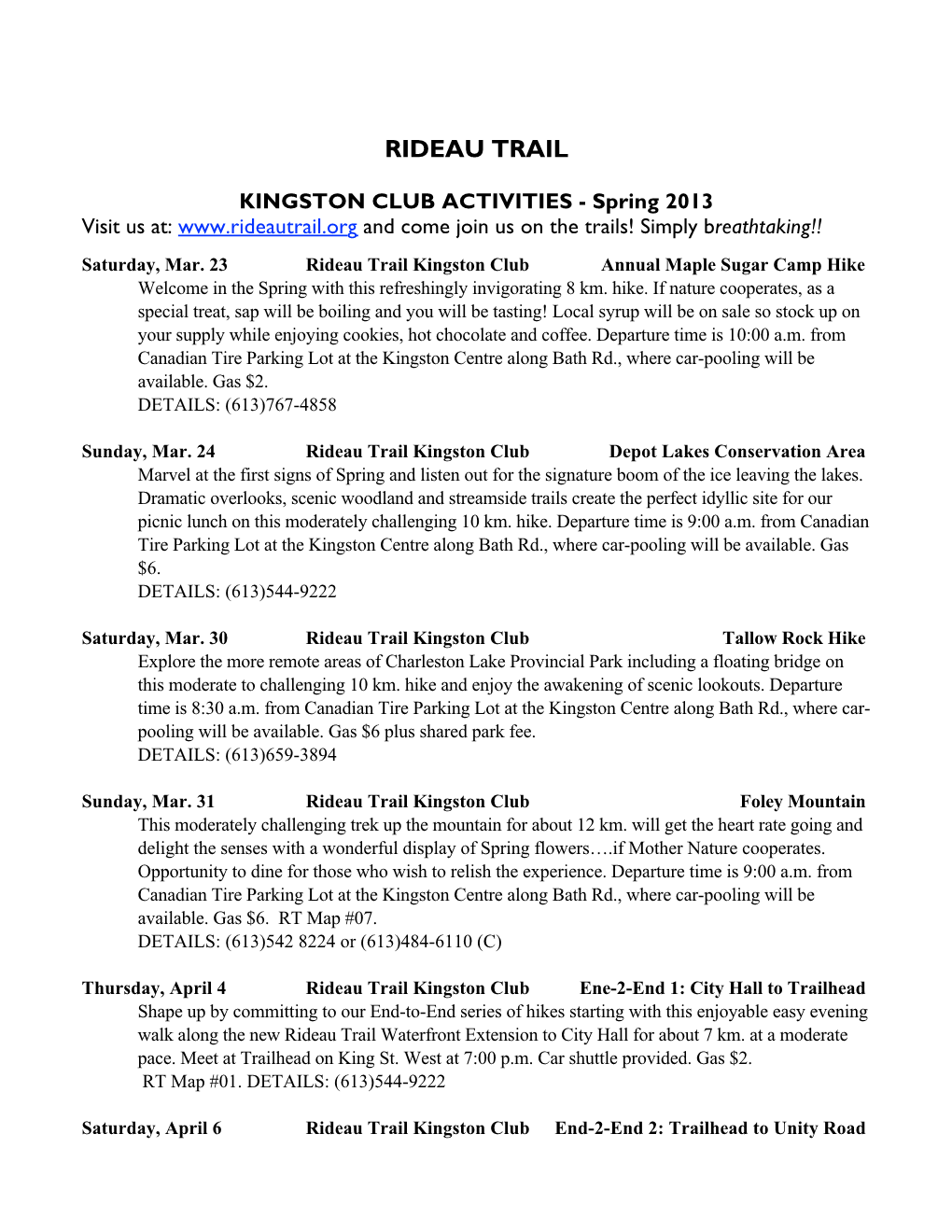 Spring 2013 Hikes for Distribtuion by E-Mail