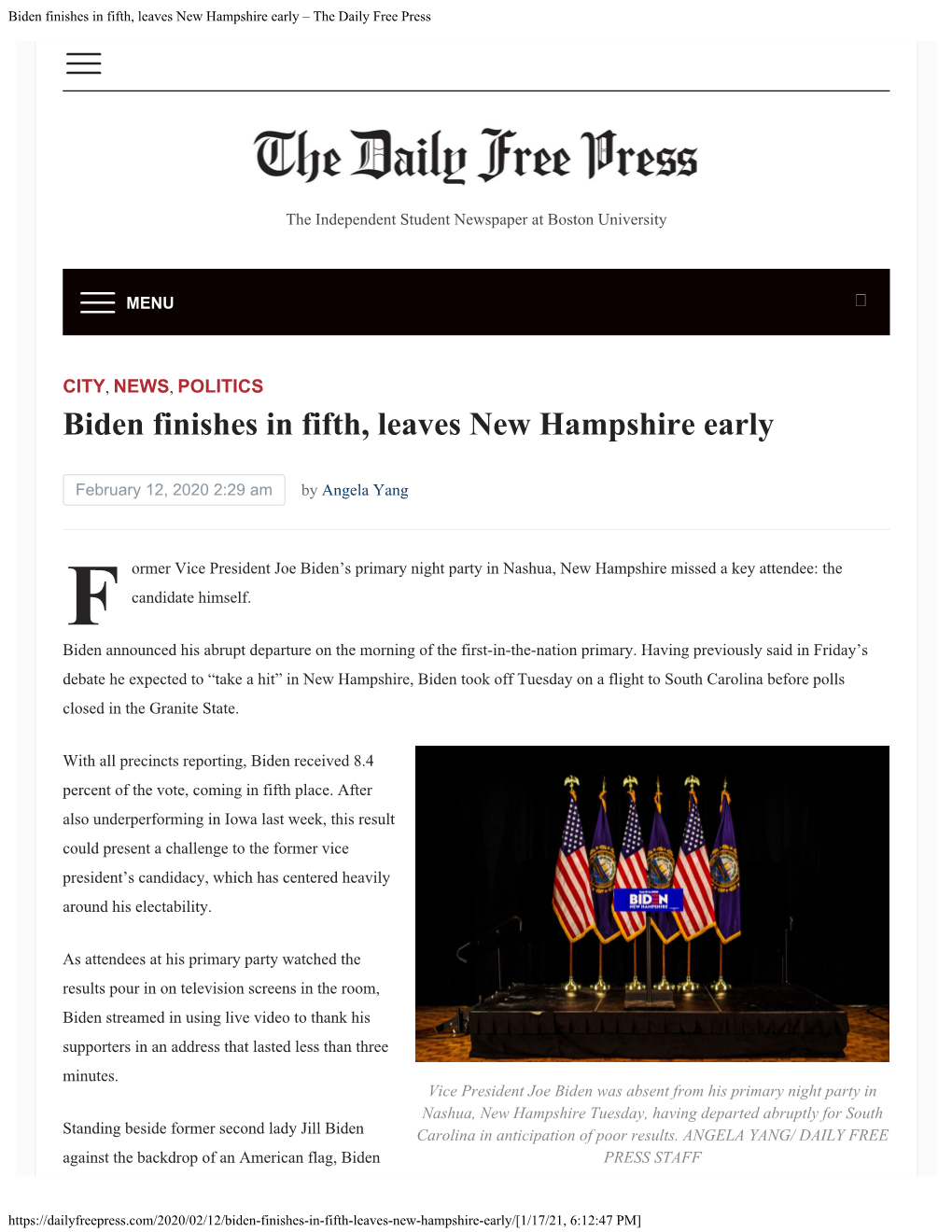 Biden Finishes in Fifth, Leaves New Hampshire Early – the Daily Free Press