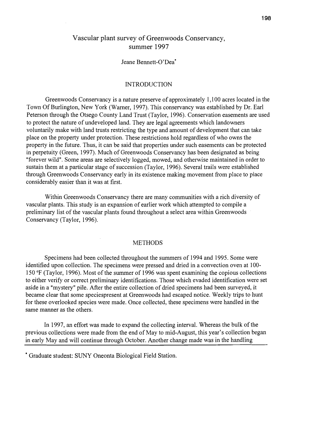 Vascular Plant Survey of Greenwoods Conservancy, Summer 1997