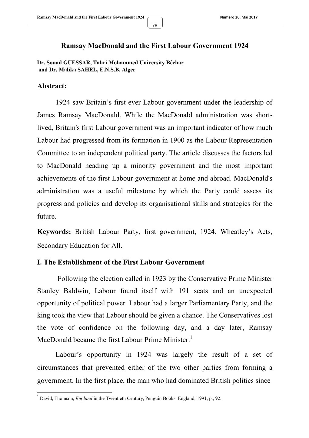 Ramsay Macdonald and the First Labour Government 1924 Abstract