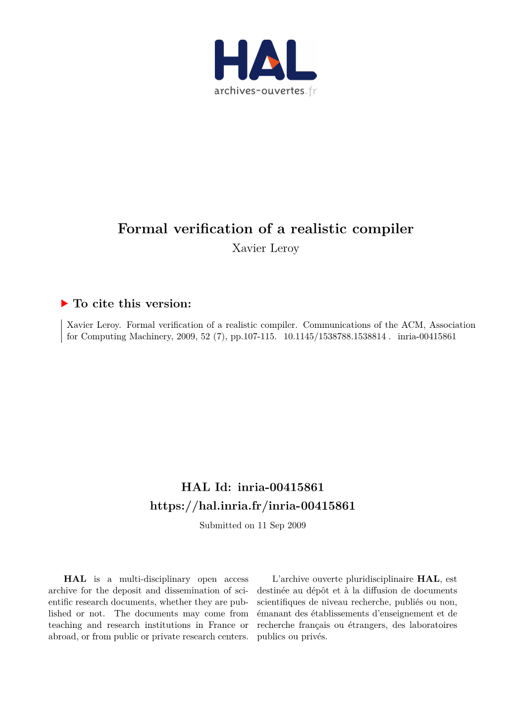 Formal Verification of a Realistic Compiler Xavier Leroy