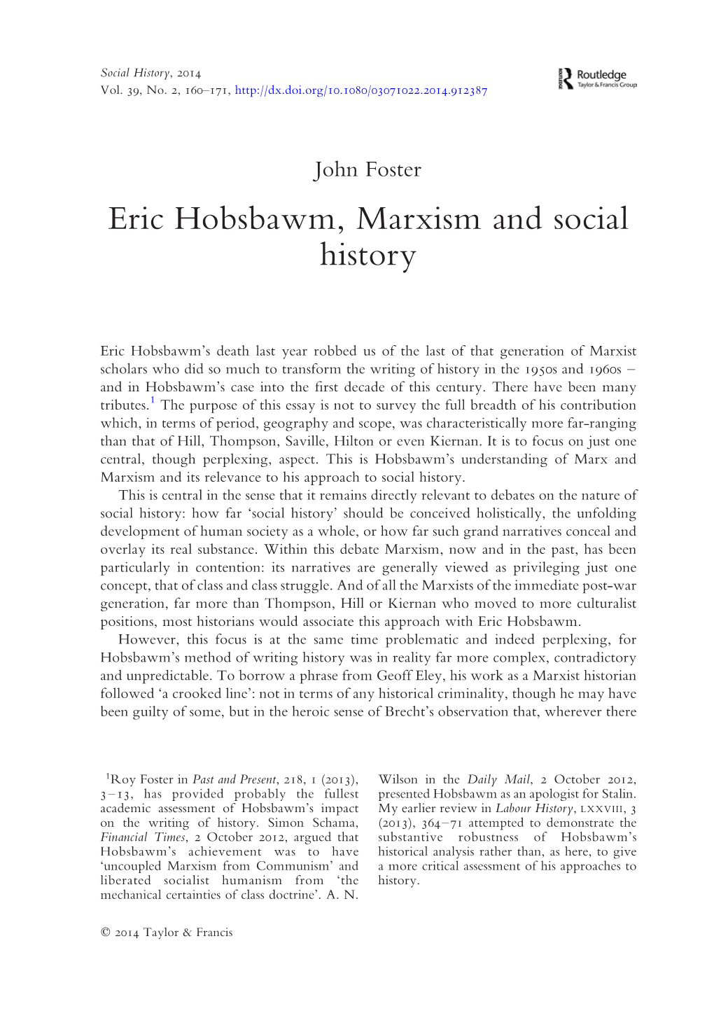 Eric Hobsbawm, Marxism and Social History