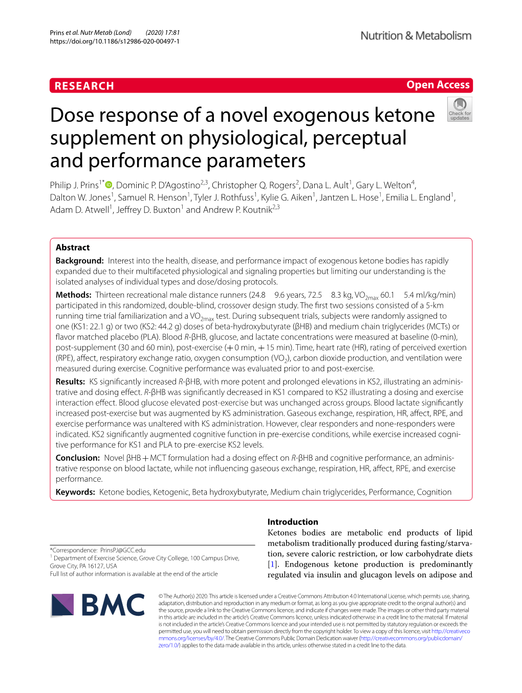 Dose Response of a Novel Exogenous Ketone Supplement on Physiological, Perceptual and Performance Parameters Philip J