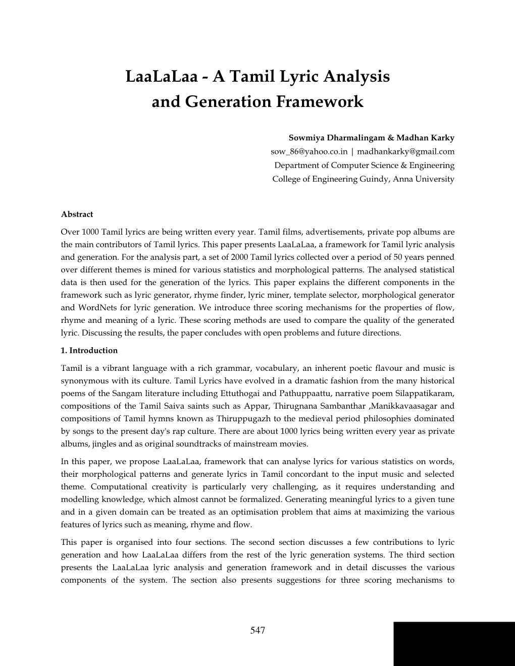 Laalalaa - a Tamil Lyric Analysis and Generation Framework