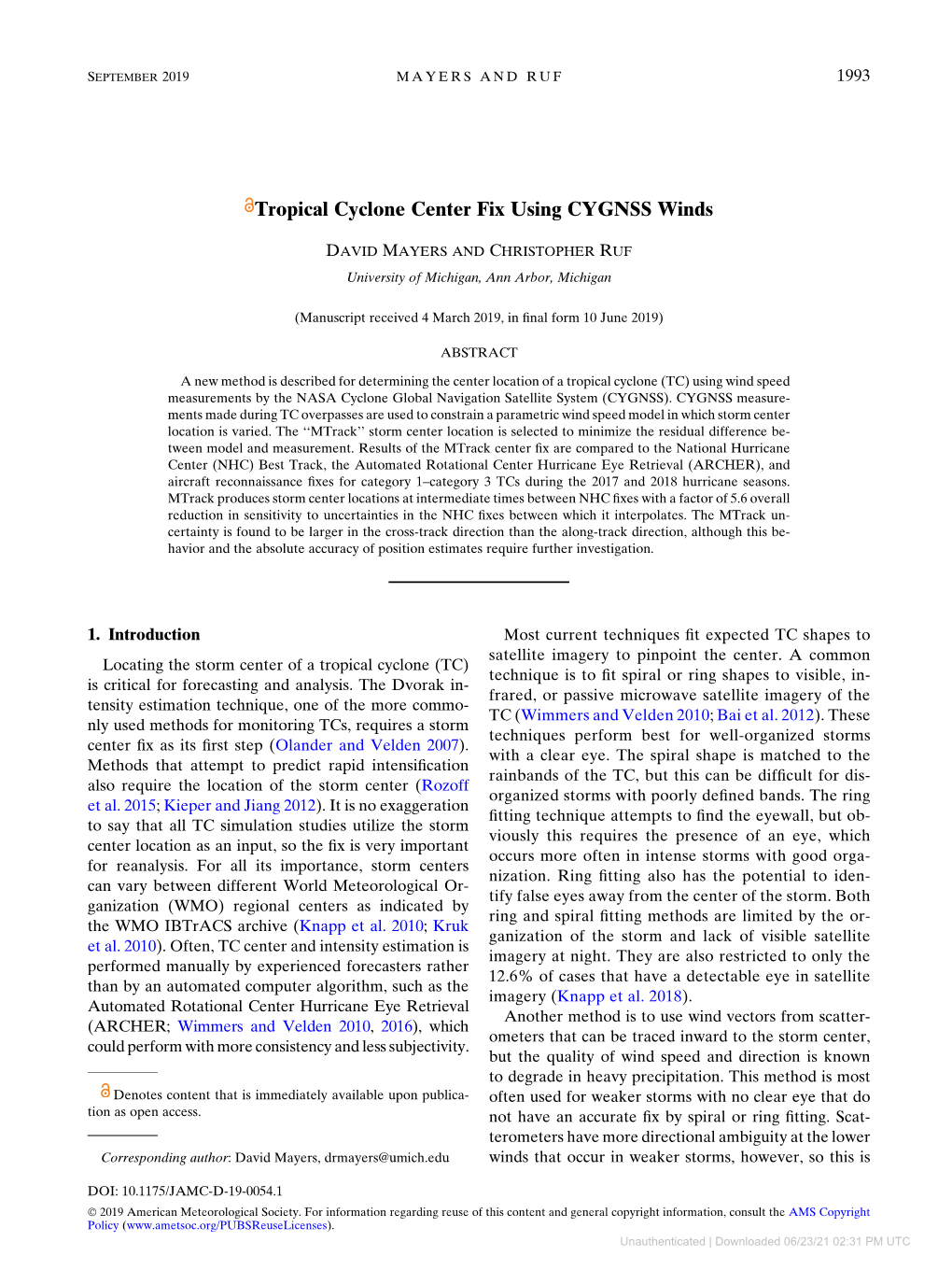 Tropical Cyclone Center Fix Using CYGNSS Winds