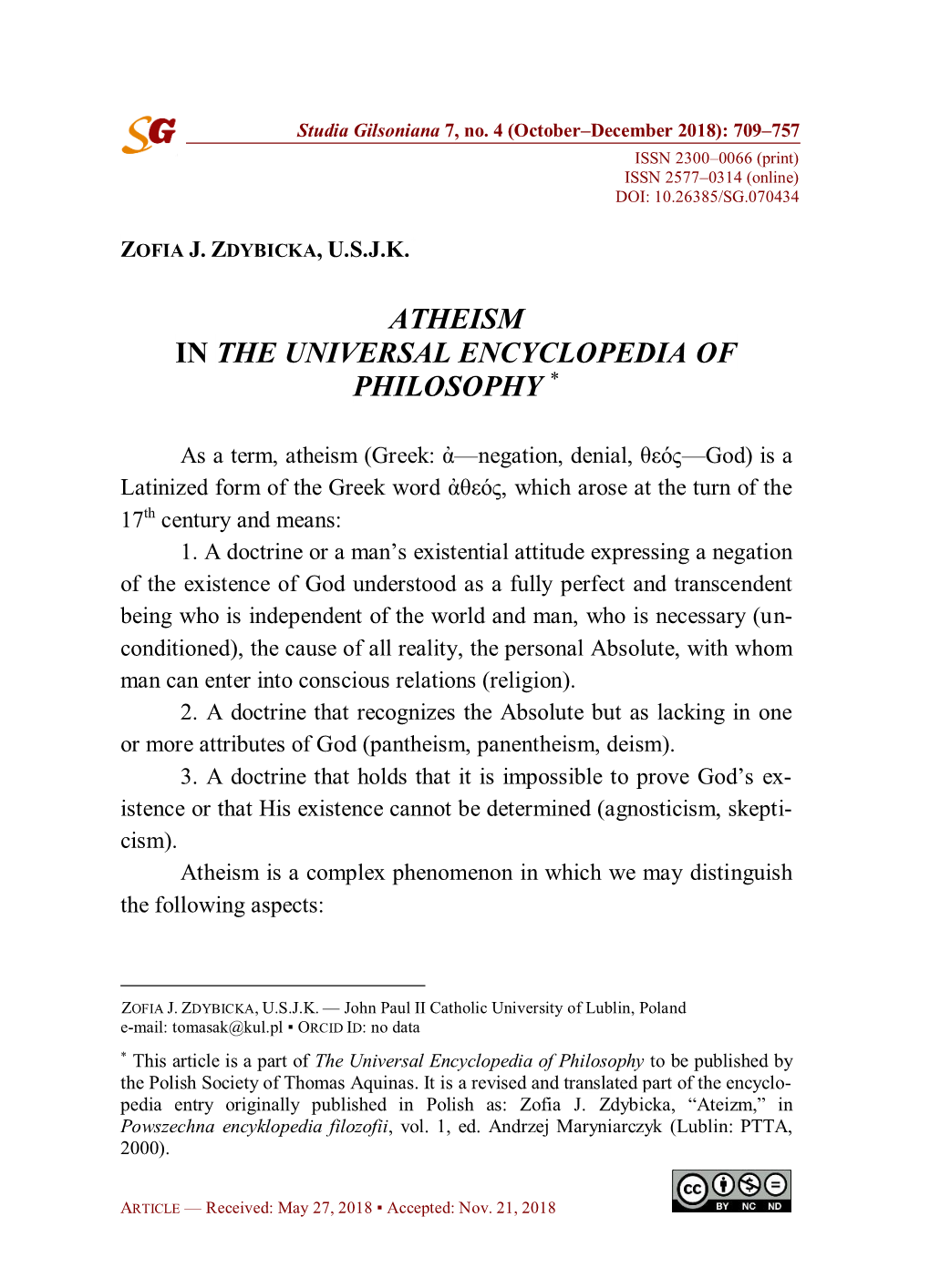 Atheism in the Universal Encyclo-Pedia of Philosophy