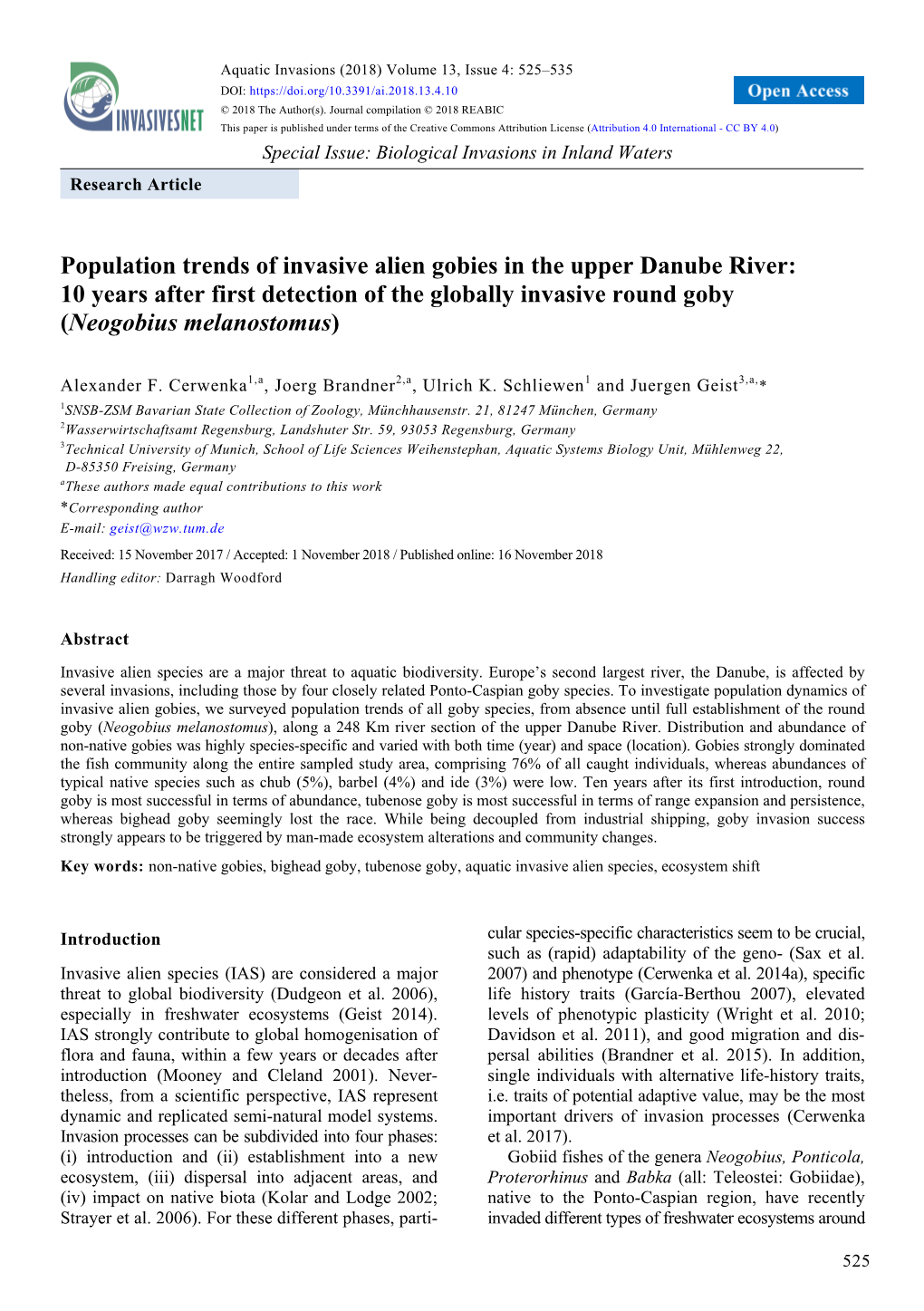 Population Trends of Invasive Alien Gobies in the Upper Danube River: 10 Years After First Detection of the Globally Invasive Round Goby (Neogobius Melanostomus)