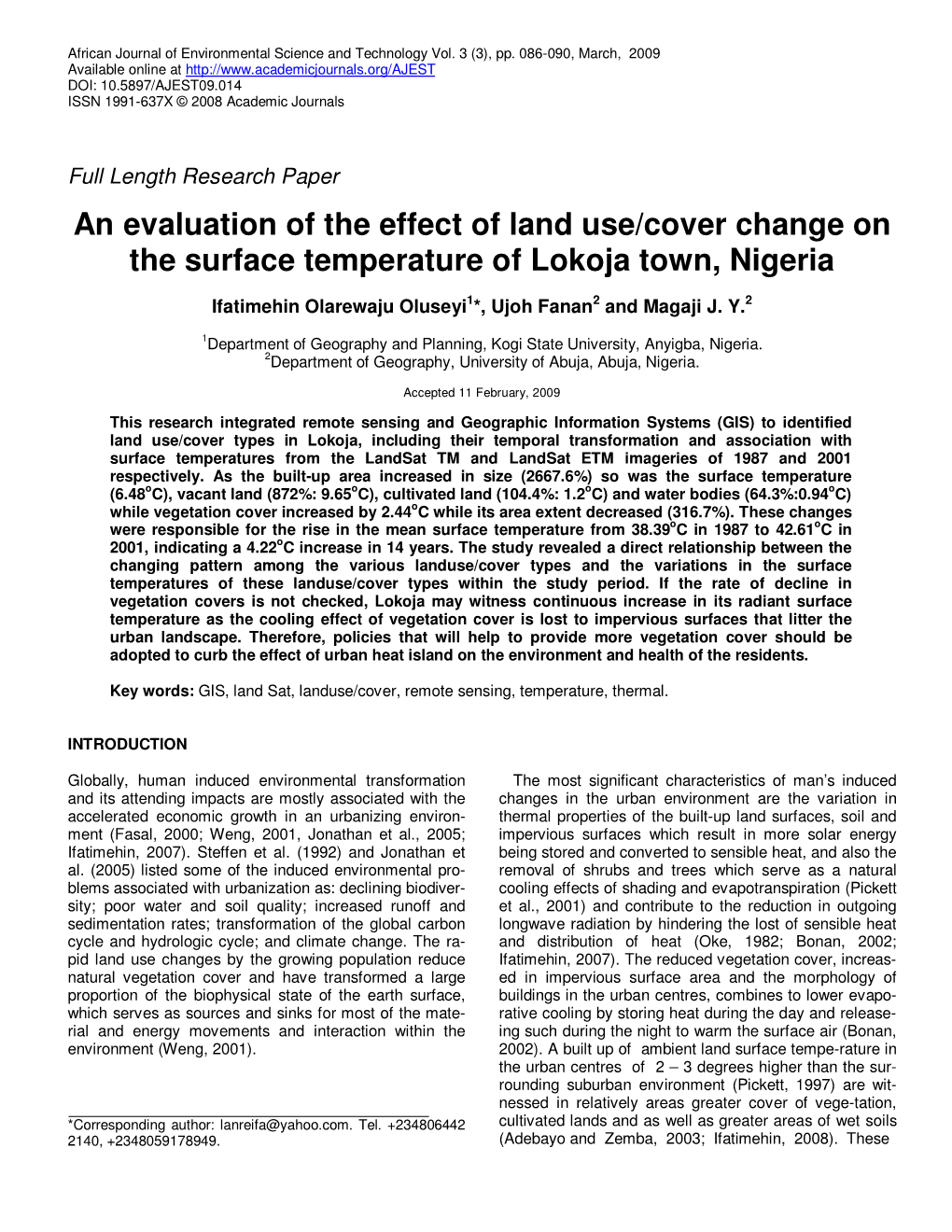 An Evaluation of the Effect of Land Use/Cover Change on the Surface Temperature of Lokoja Town, Nigeria