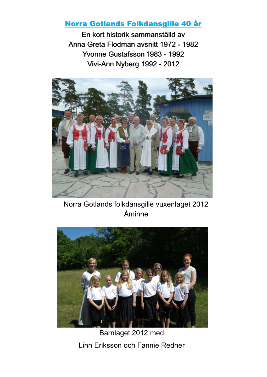 Norra Gotlands Folkdansgille 40 År En Kort Historik Sammanställd Av Anna Greta Flodman Avsnitt 1972 - 1982 Yvonne Gustafsson 1983 - 1992 Vivi-Ann Nyberg 1992 - 2012