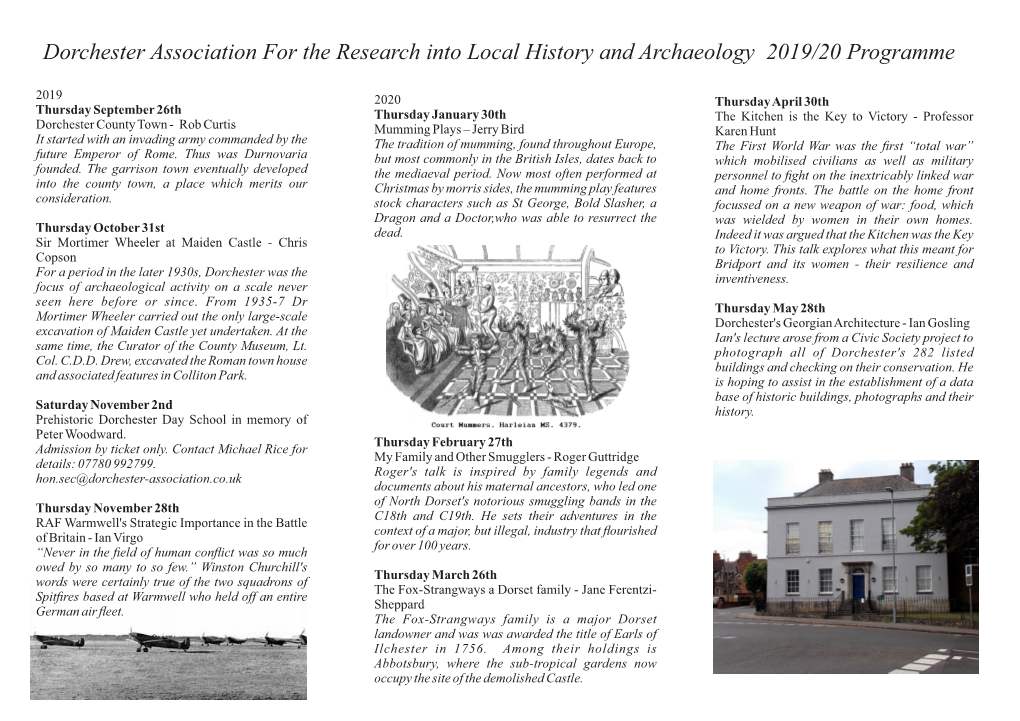 Dorchester Association for the Research Into Local History and Archaeology 2019/20 Programme