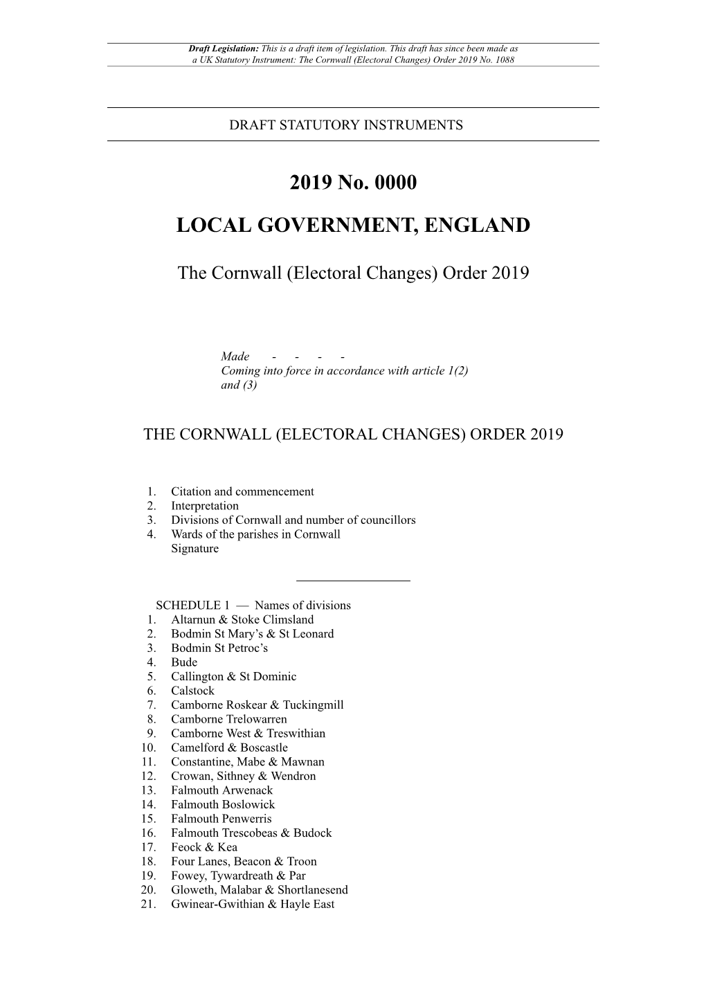 The Cornwall (Electoral Changes) Order 2019 No