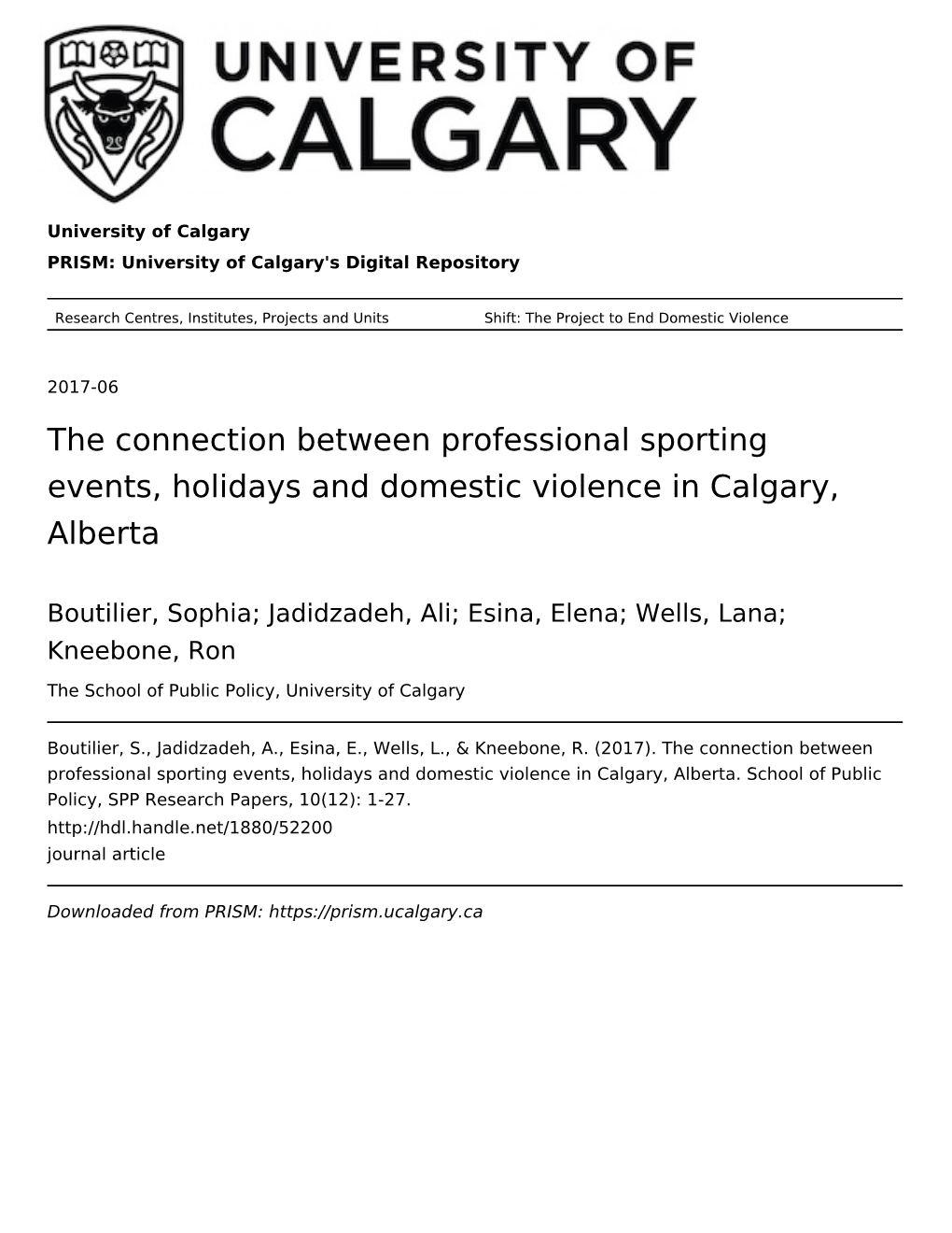 The Connection Between Professional Sporting Events, Holidays and Domestic Violence in Calgary, Alberta