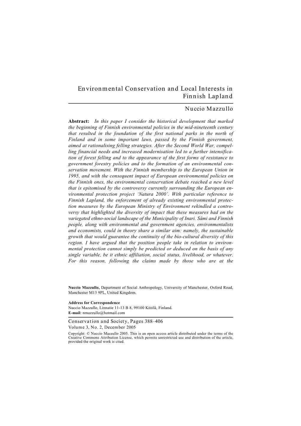 Environmental Conservation and Local Interests in Finnish Lapland