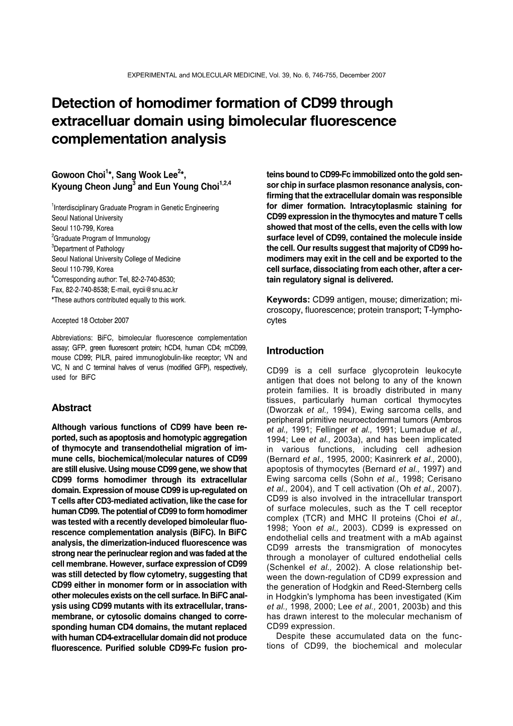 Detection of Homodimer Formation of CD99 Through Extracelluar Domain Using Bimolecular Fluorescence Complementation Analysis