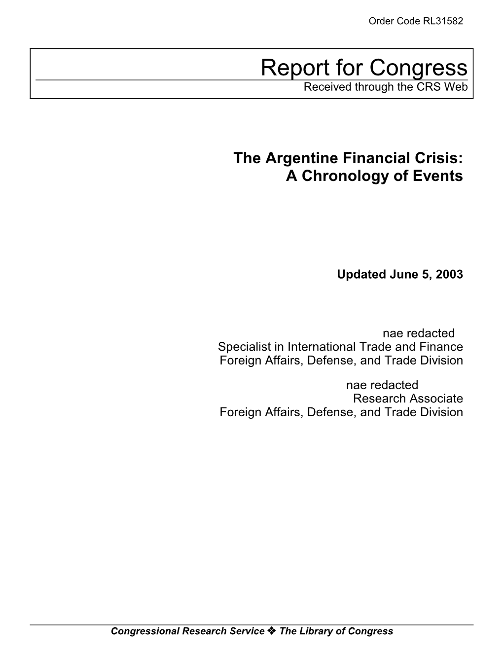 The Argentine Financial Crisis: a Chronology of Events