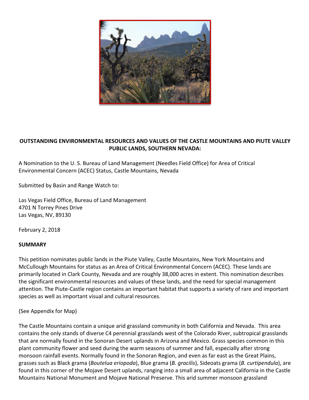 Castle Mountains Area of Critical Environmental Concern Nomination