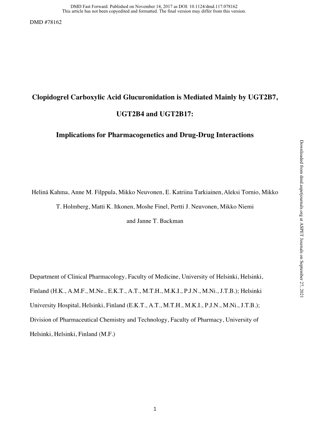 Clopidogrel Carboxylic Acid Glucuronidation Is Mediated Mainly by UGT2B7