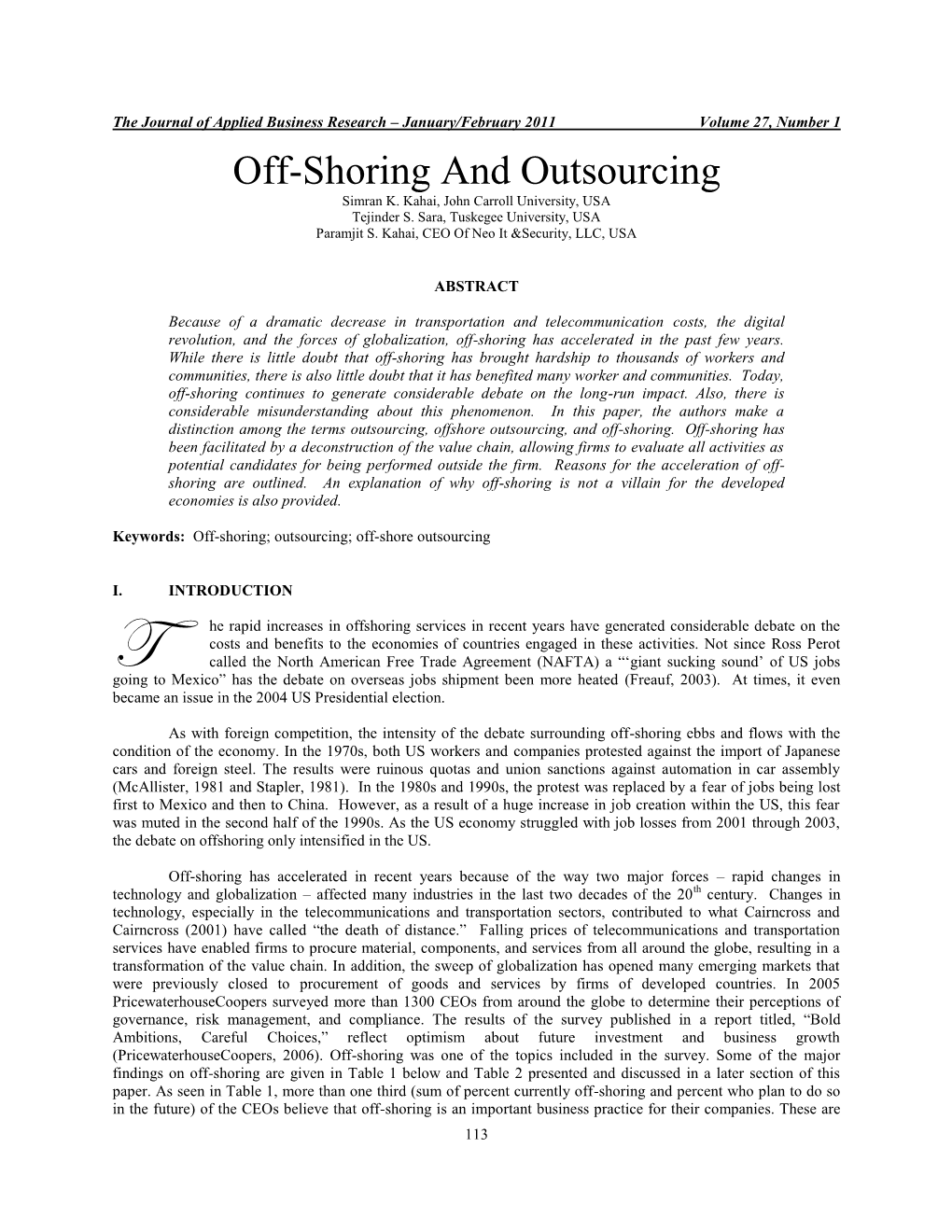 Off-Shoring and Outsourcing Simran K