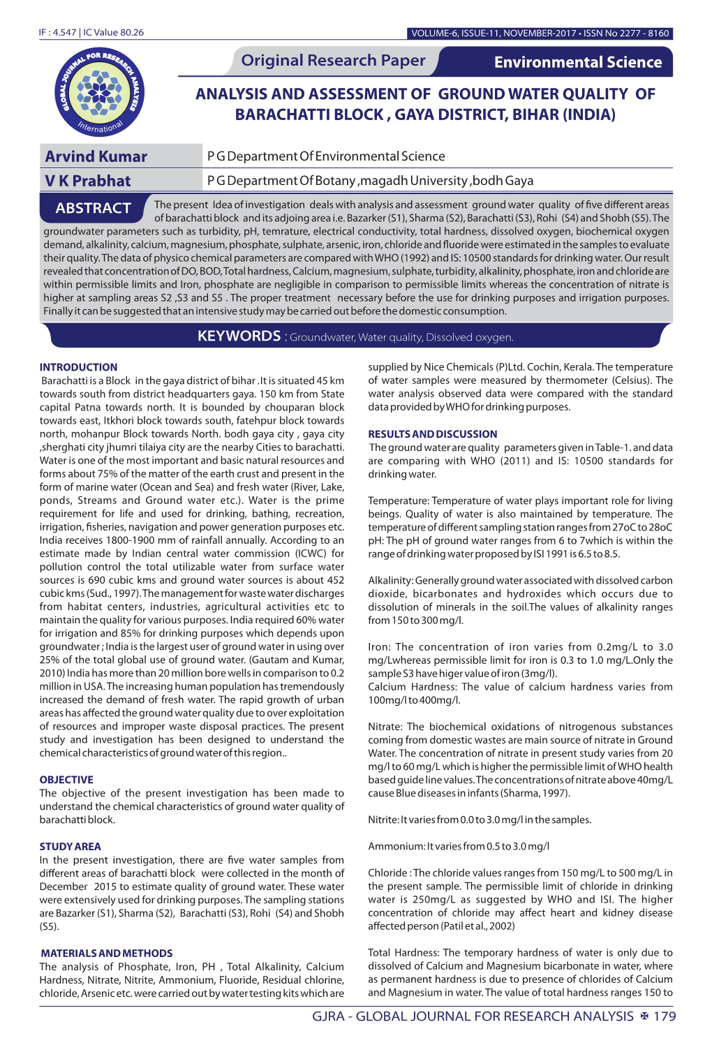 Analysis and Assessment of Ground Water Quality of Barachatti Block , Gaya District, Bihar (India)