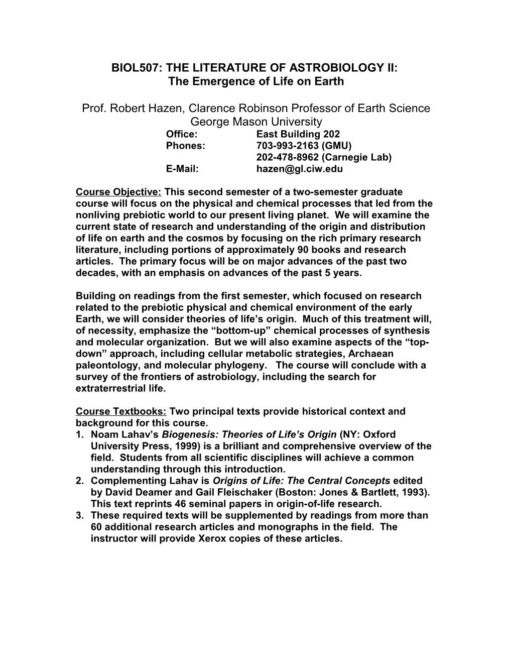 Biol507: the Literature of Astrobiology Ii