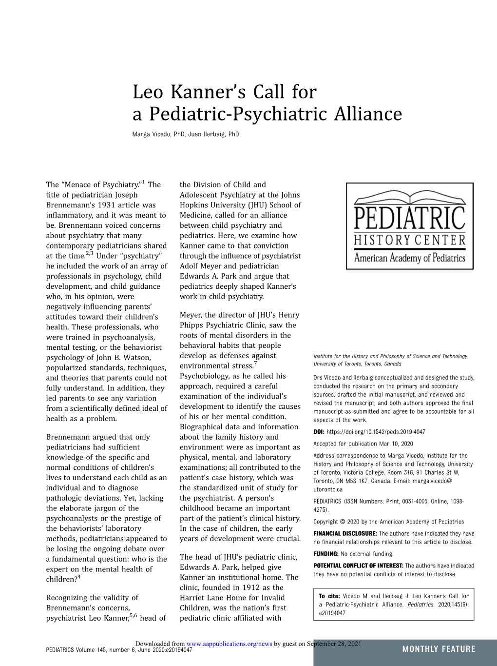 Leo Kanner's Call for a Pediatric-Psychiatric Alliance