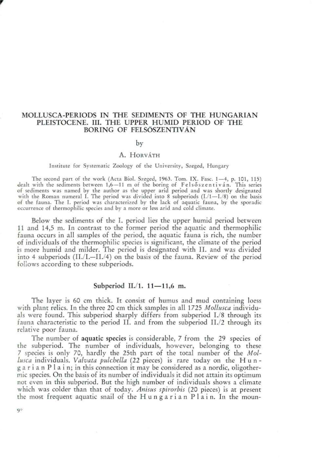 Mollusca-Periods in the Sediments of the Hungarian Pleistocene