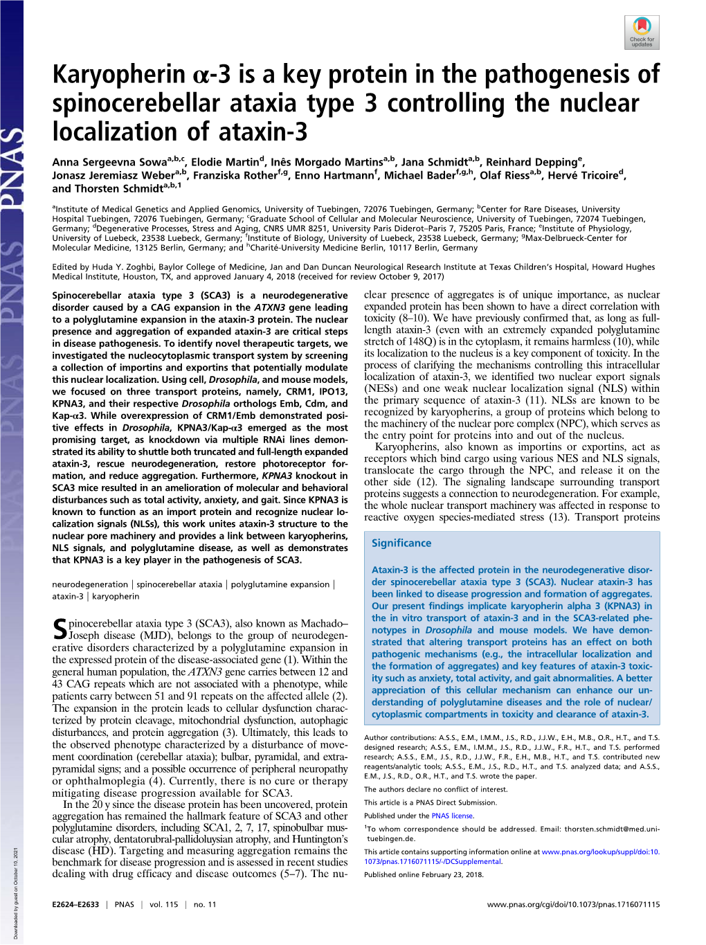 Karyopherin Α-3 Is a Key Protein in the Pathogenesis of Spinocerebellar Ataxia Type 3 Controlling the Nuclear Localization of Ataxin-3