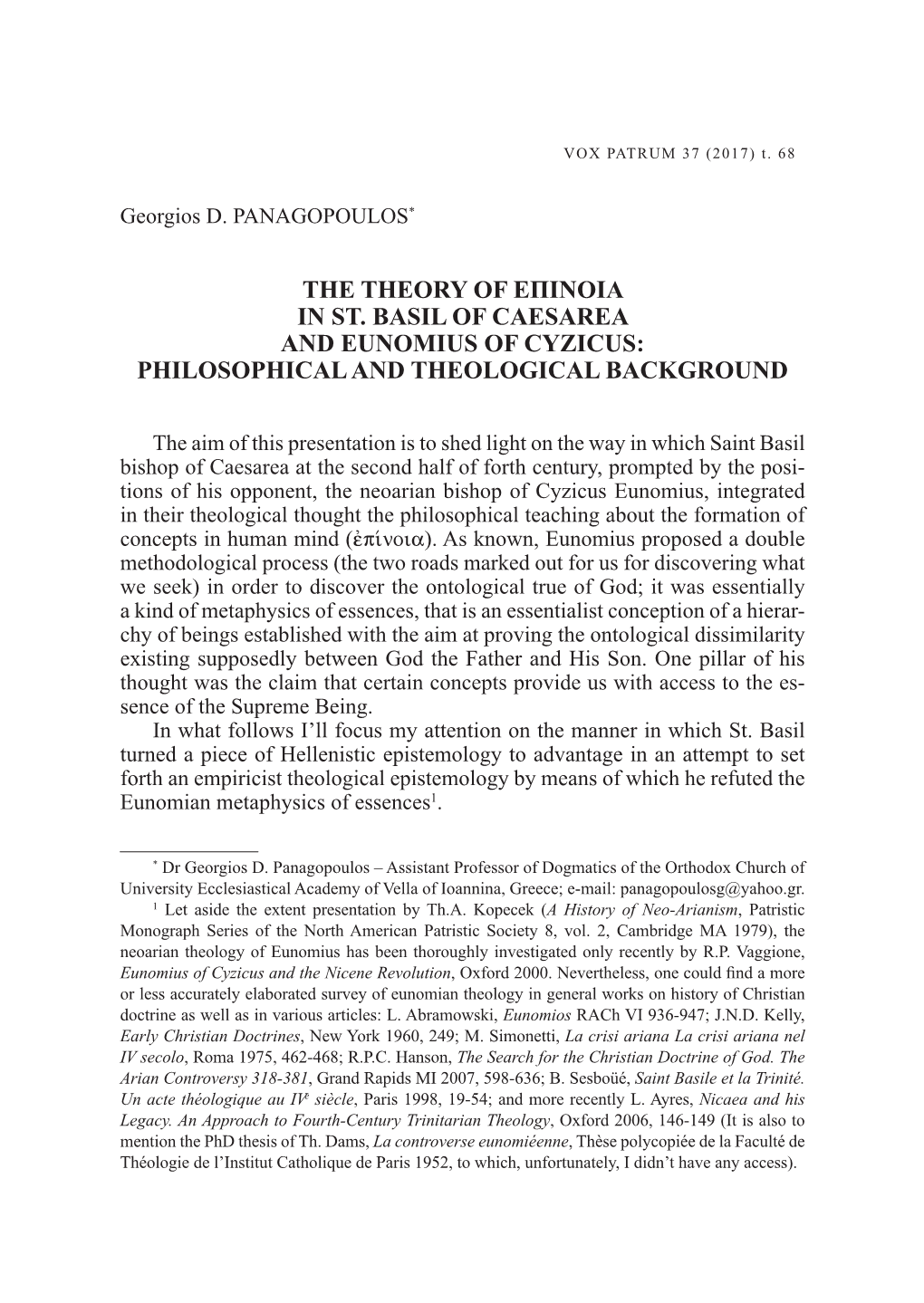 The Theory of Επινοια in St. Basil of Caesarea and Eunomius of Cyzicus: Philosophical and Theological Background