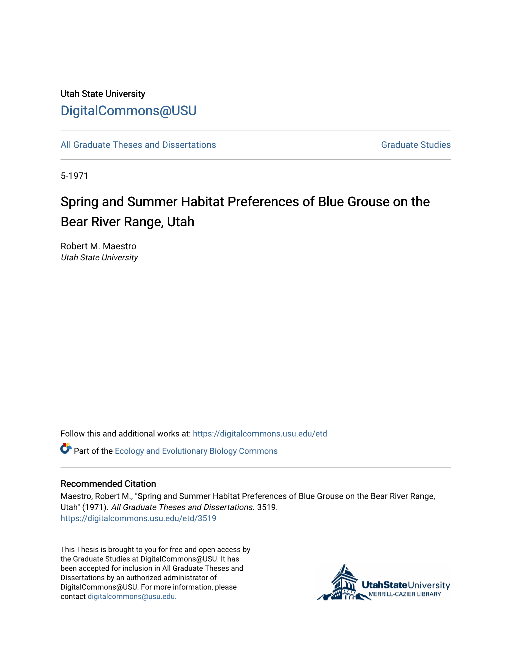 Spring and Summer Habitat Preferences of Blue Grouse on the Bear River Range, Utah