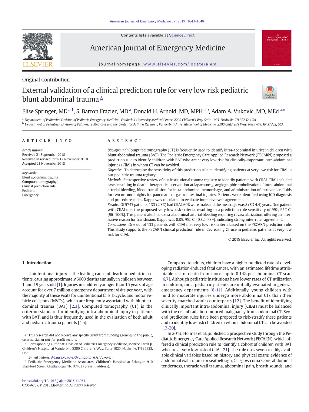 External Validation of a Clinical Prediction Rule for Very Low Risk Pediatric Blunt Abdominal Trauma☆