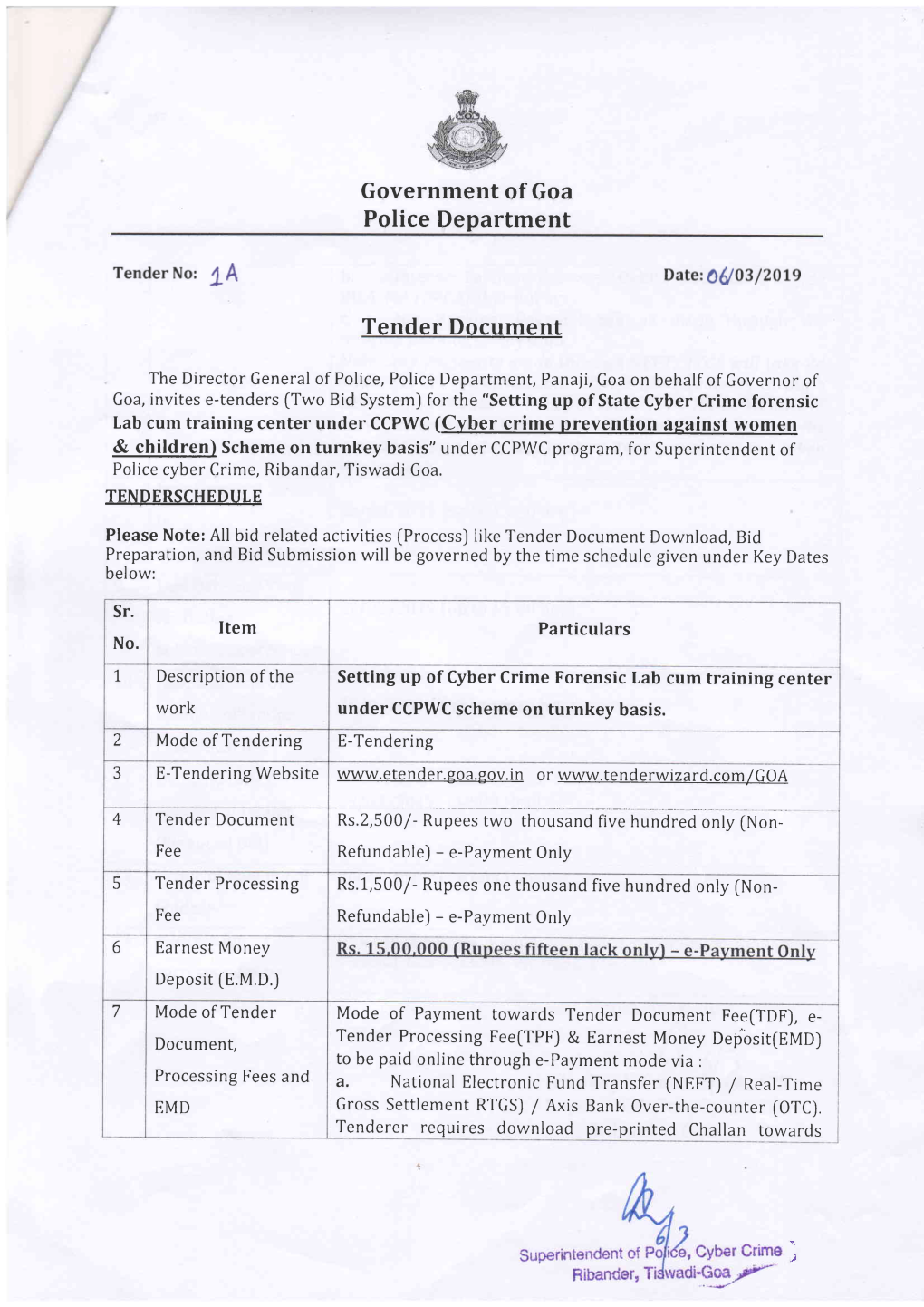 E-Tenders for the Setting up of State Cyber Crime Forensic