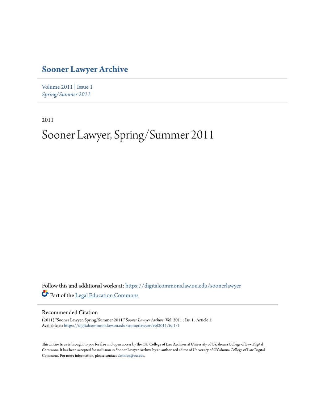 Sooner Lawyer, Spring/Summer 2011