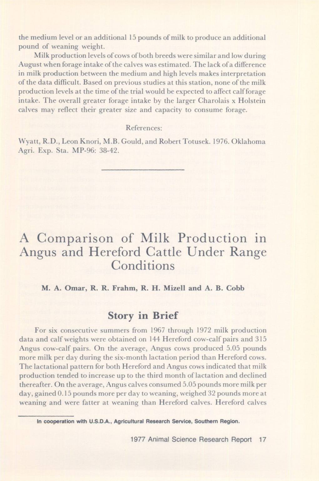 A Comparison of Milk Production in Angus and Hereford Cattle Under Range Condi Tions
