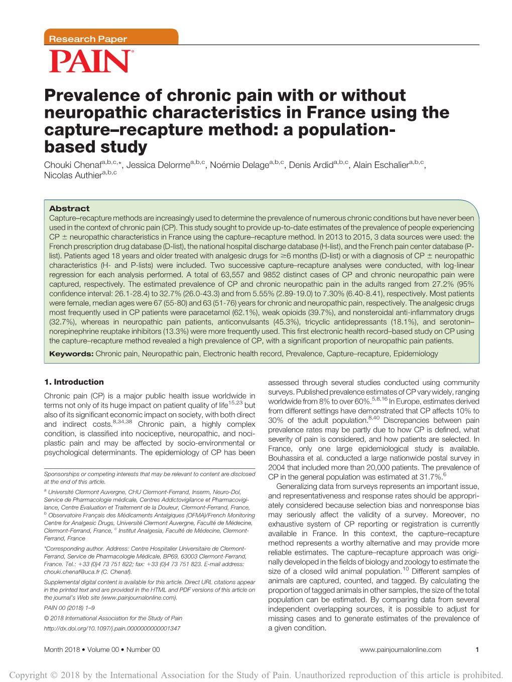 Prevalence of Chronic Pain with Or Without Neuropathic Characteristics