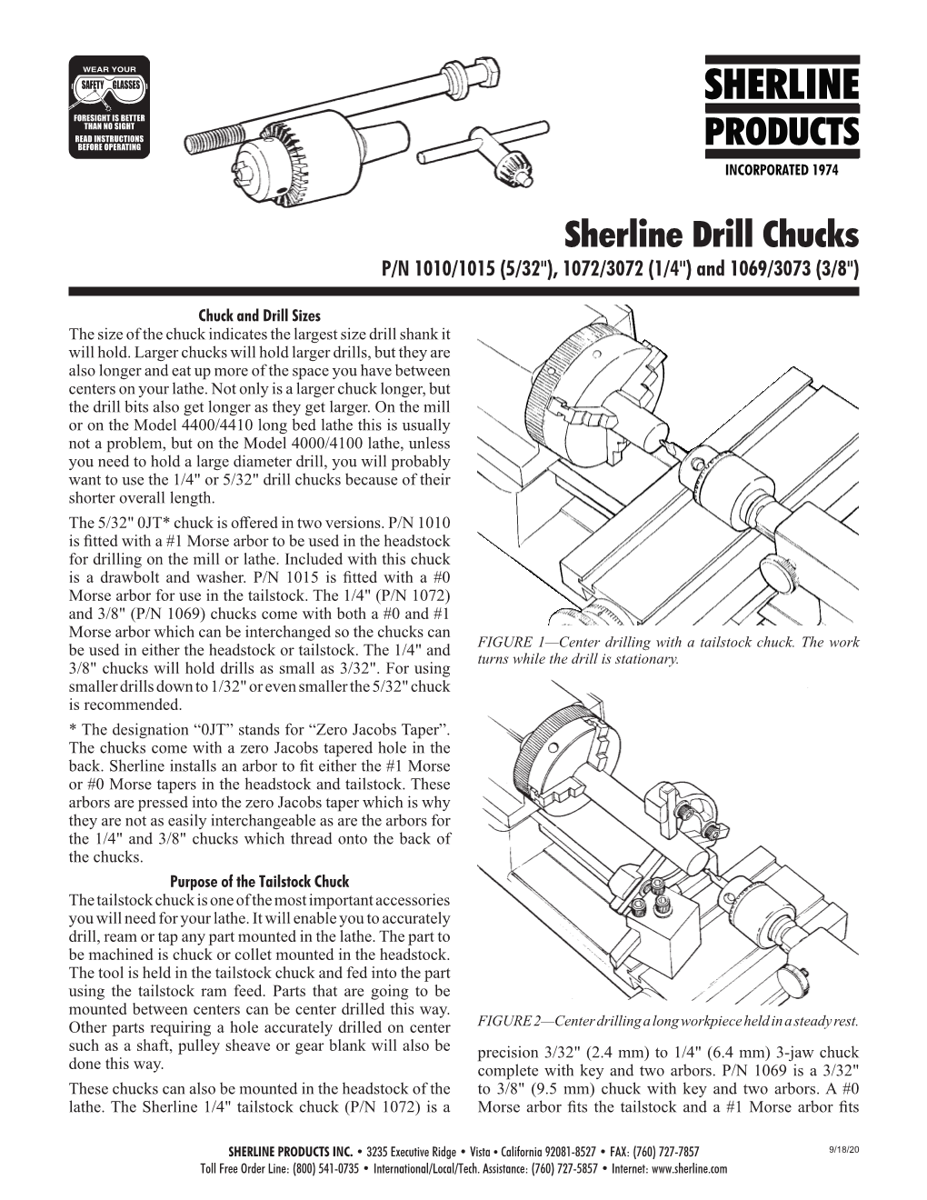 Sherline Drill Chucks P/N 1010/1015 (5/32"), 1072/3072 (1/4") and 1069/3073 (3/8")