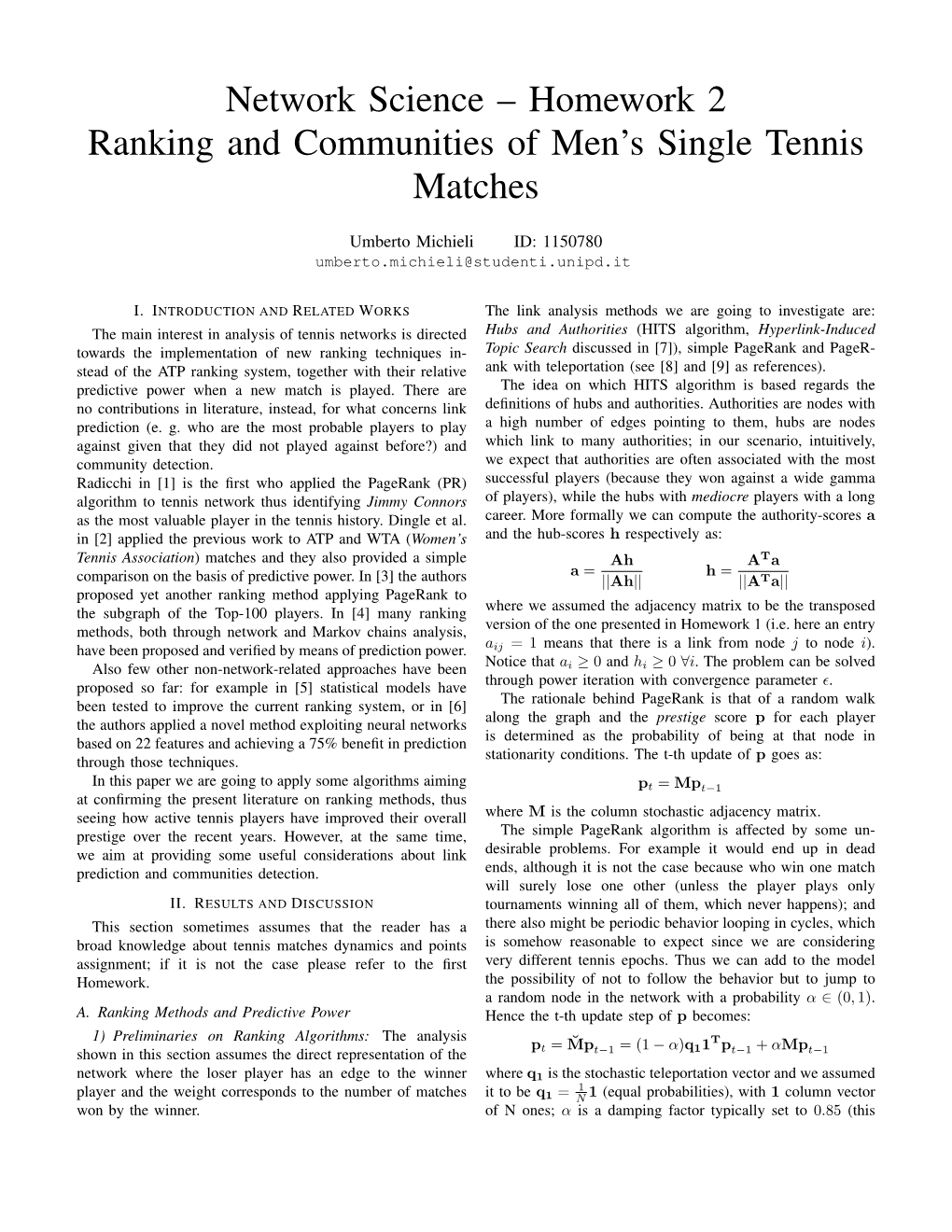 Network Science – Homework 2 Ranking and Communities of Men's