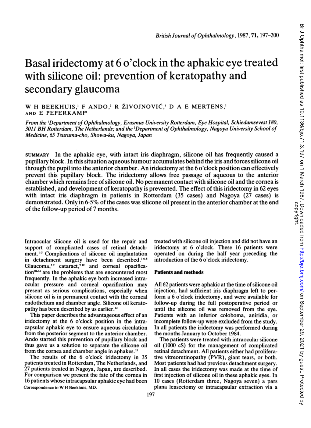 Basal Iridectomy at 6 O'clock in the Aphakic Eye Treated with Silicone Oil: Prevention of Keratopathy and Secondary Glaucoma