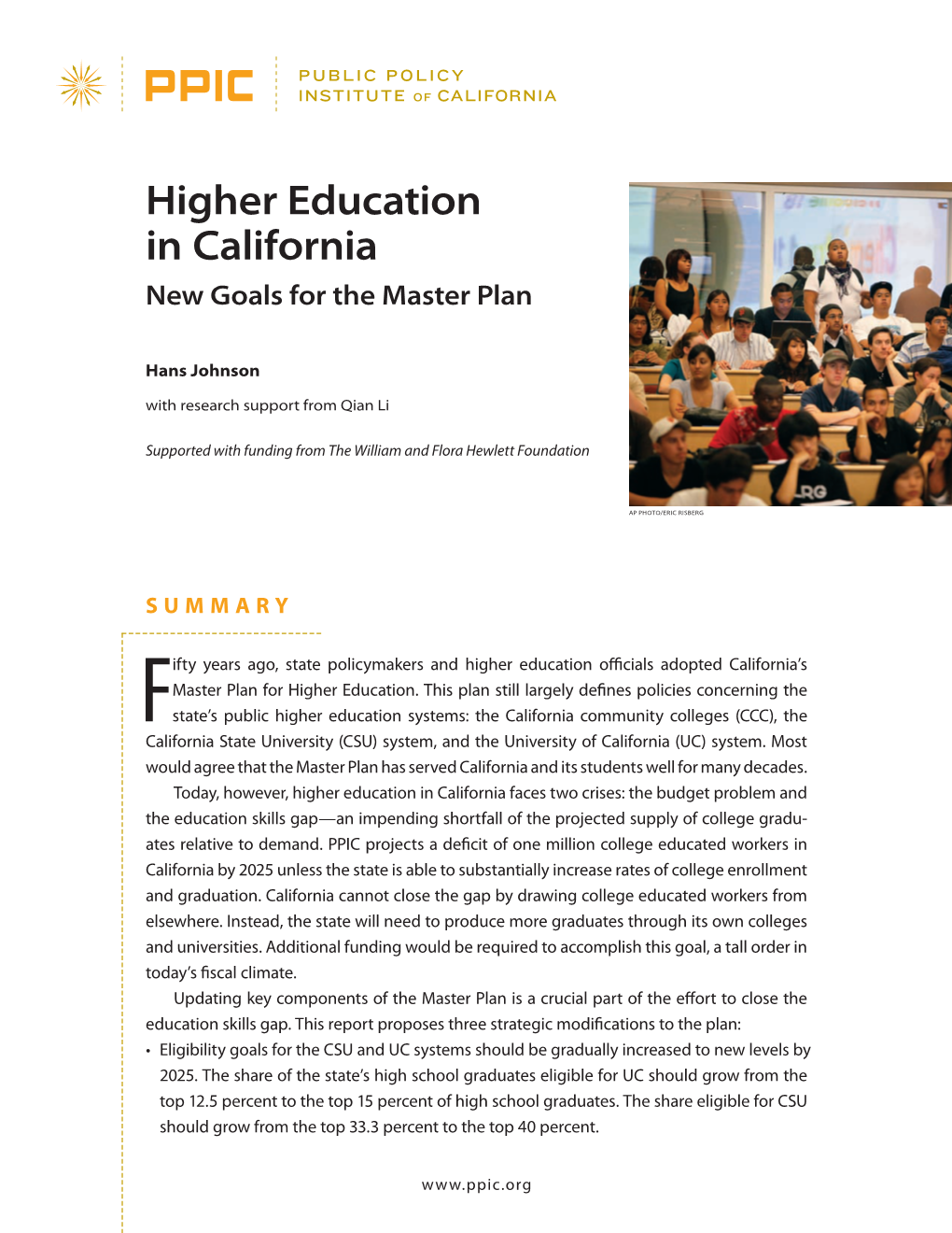 Higher Education in California: New Goals for the Master Plan