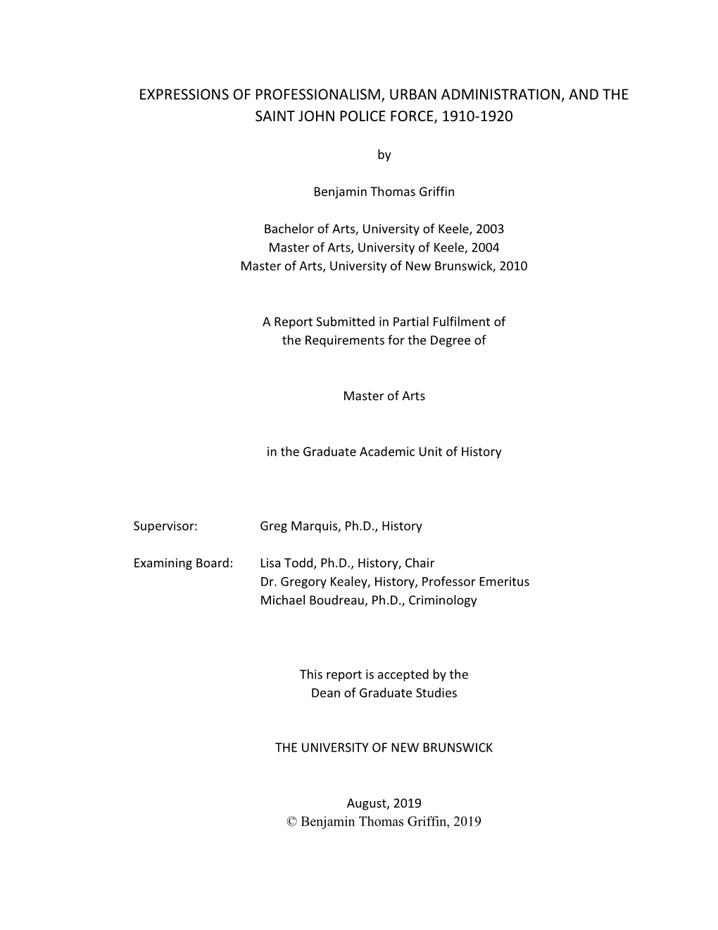 Expressions of Professionalism, Urban Administration, and the Saint John Police Force, 1910-1920