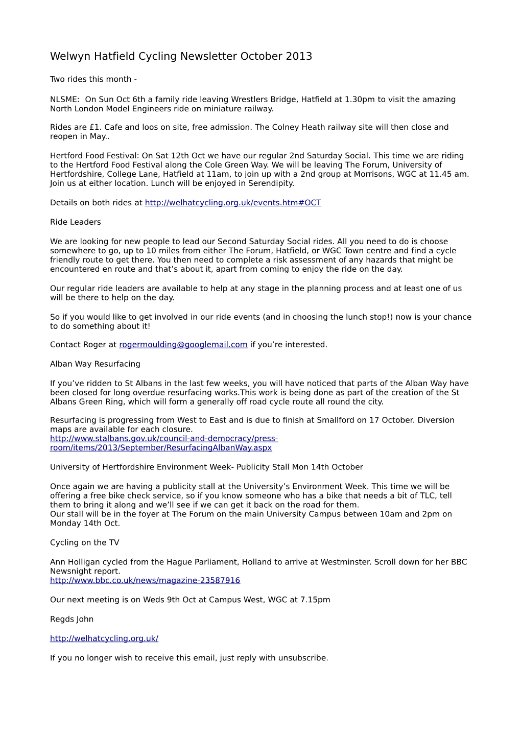 Welwyn Hatfield Cycling Newsletter October 2013