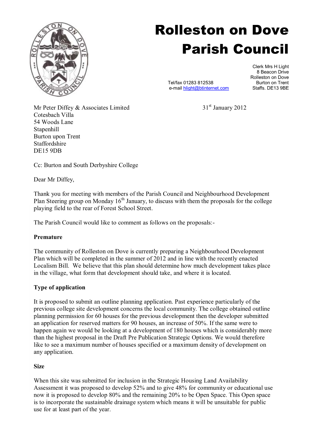 Parish Council Letter to Peter Diffey