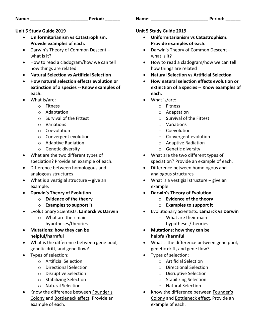 Unit 5 Study Guide 2019 • Uniformitarianism Vs Catastrophism